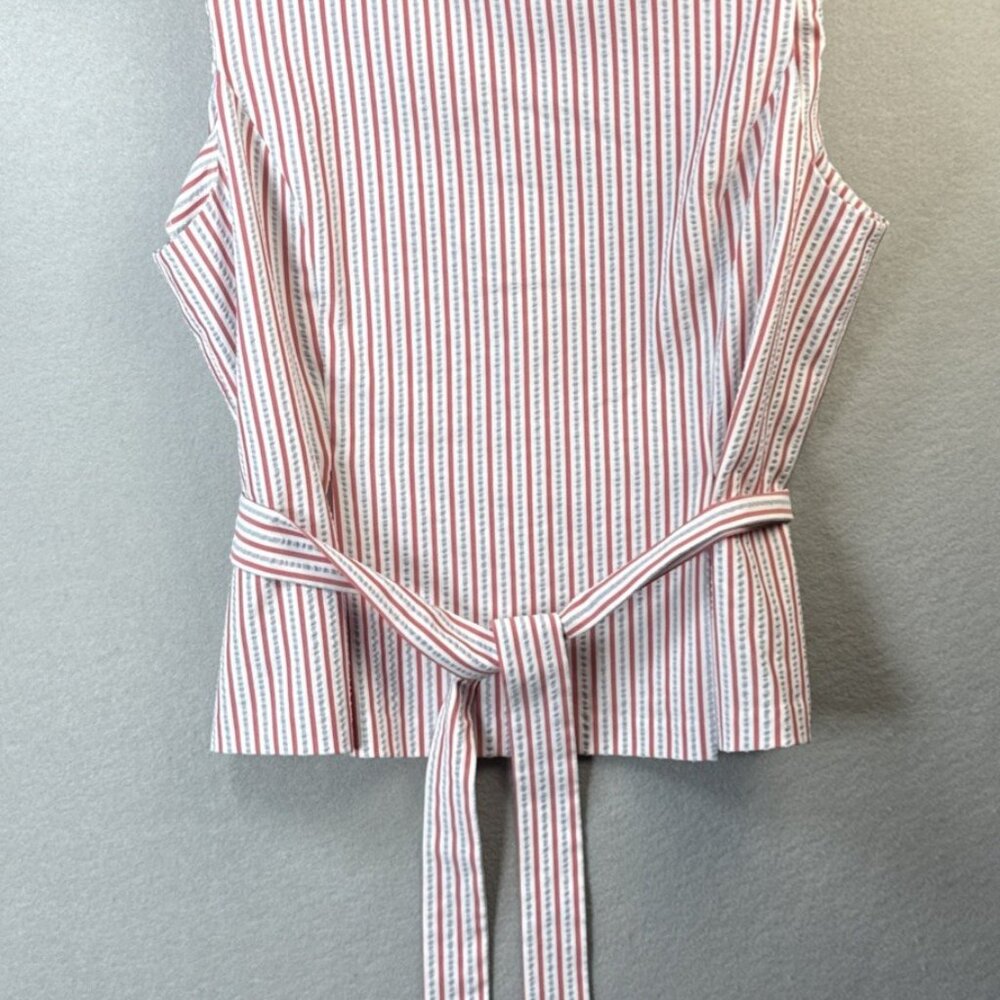 Nine West Peplum Top With Tie Belt Womens 16 Red White Seersucker Stripe Pleated